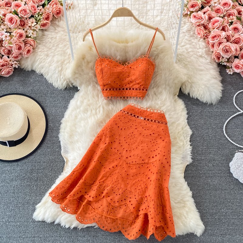 Summer Elegant Casual Fashion Skirt Top Suit | Hollow Out Sleeveless Tank for Women
