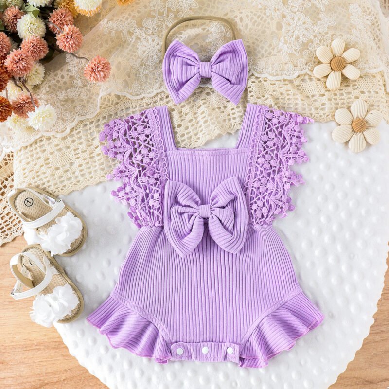 Infant Baby Girl Summer Romper with Lace Sleeves & Headband – 0-18M