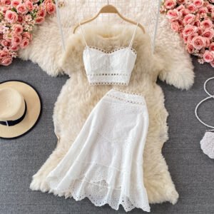Summer Elegant Casual Fashion Skirt Top Suit | Hollow Out Sleeveless Tank for Women
