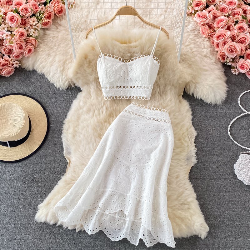 Summer Elegant Casual Fashion Skirt Top Suit | Hollow Out Sleeveless Tank for Women