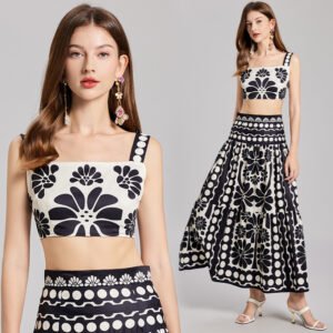 Two-Piece Set | Sexy Short Straps Top & High Waist A-Line Skirt