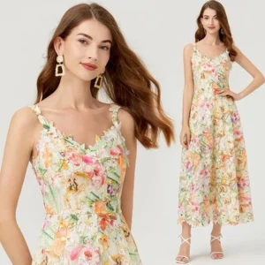 Summer Bohemian Lace Embroidery Long Dress – Women's V-Neck Spaghetti Strap