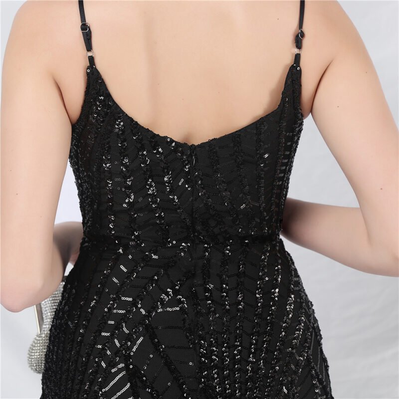 Crystal Beaded Navy Evening Dress | V-Neck Sequin Spaghetti Strap Prom Gown