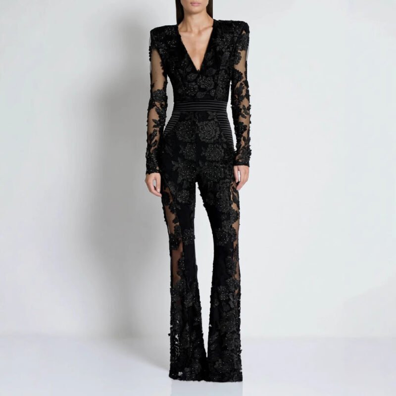 Elegant V-Neck Hot Lace Long Sleeve Evening Jumpsuit – Chic & Glamorous