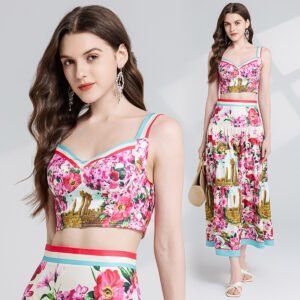 Gorgeous Floral Two-Piece Skirt Set | V-Neck Padded Crop Top & Pleated Skirt