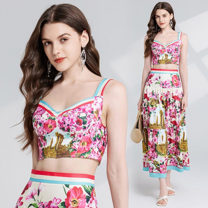 Gorgeous Floral Two-Piece Skirt Set | V-Neck Padded Crop Top & Pleated Skirt