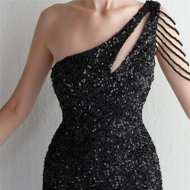 Sexy Black One-Shoulder Hollow Sequin Evening Party Dress – Sleeveless & Elegant
