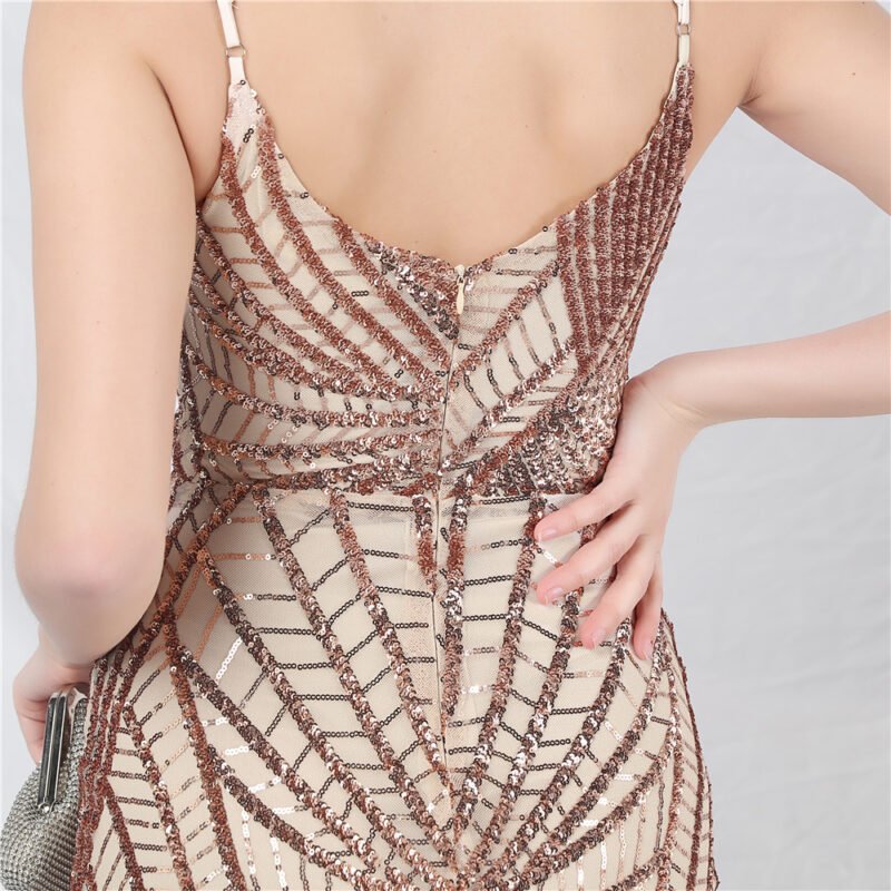 Crystal Beaded Navy Evening Dress | V-Neck Sequin Spaghetti Strap Prom Gown