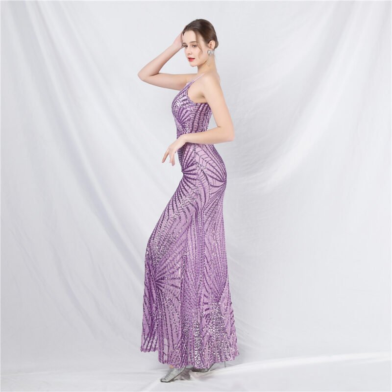 Crystal Beaded Navy Evening Dress | V-Neck Sequin Spaghetti Strap Prom Gown