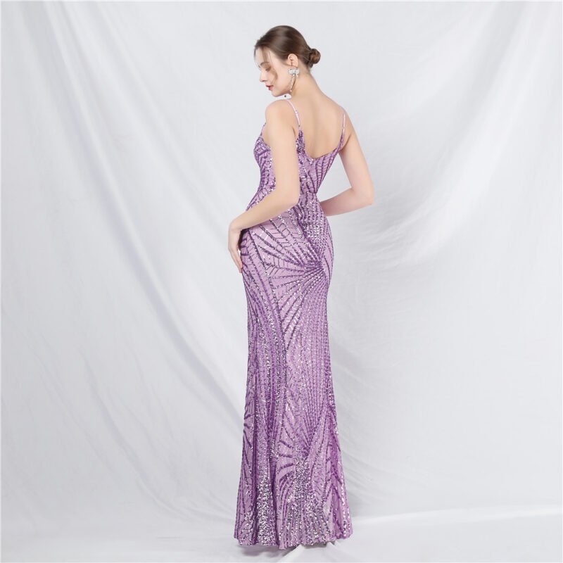 Crystal Beaded Navy Evening Dress | V-Neck Sequin Spaghetti Strap Prom Gown