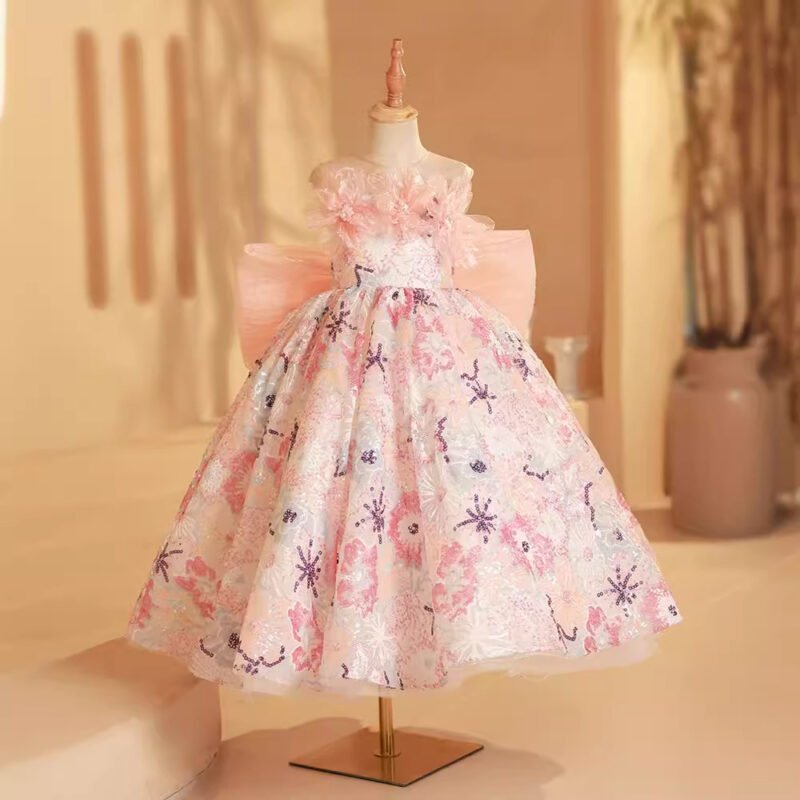 Luxurious Sequined Dress for Little Girls – Big Bow Beading Long Gown for Kids