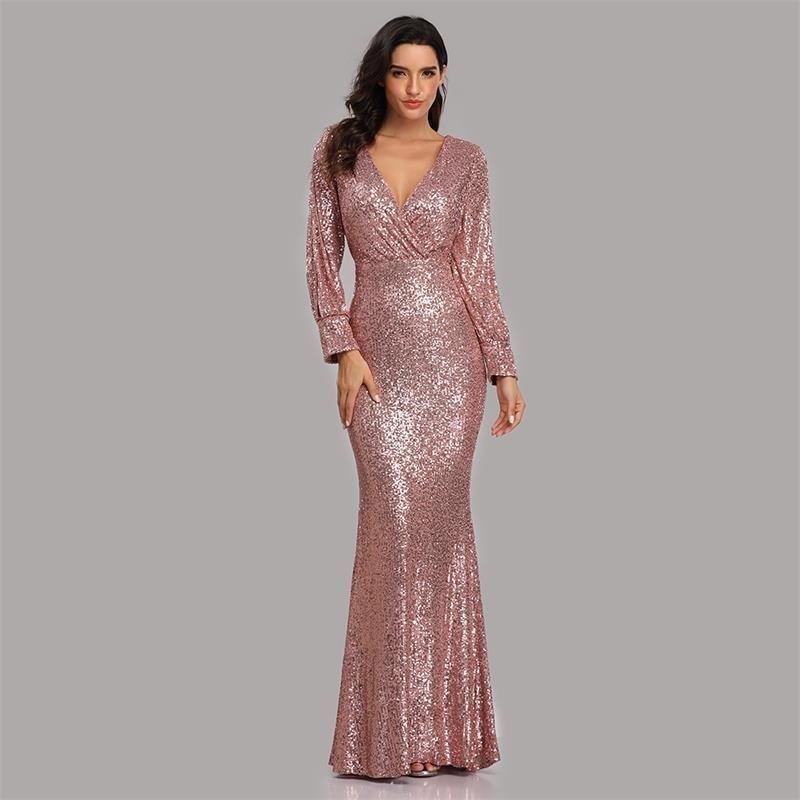 Sparkling Mermaid Evening Gown | V-Neck Long Sleeve Floor-Length Dress