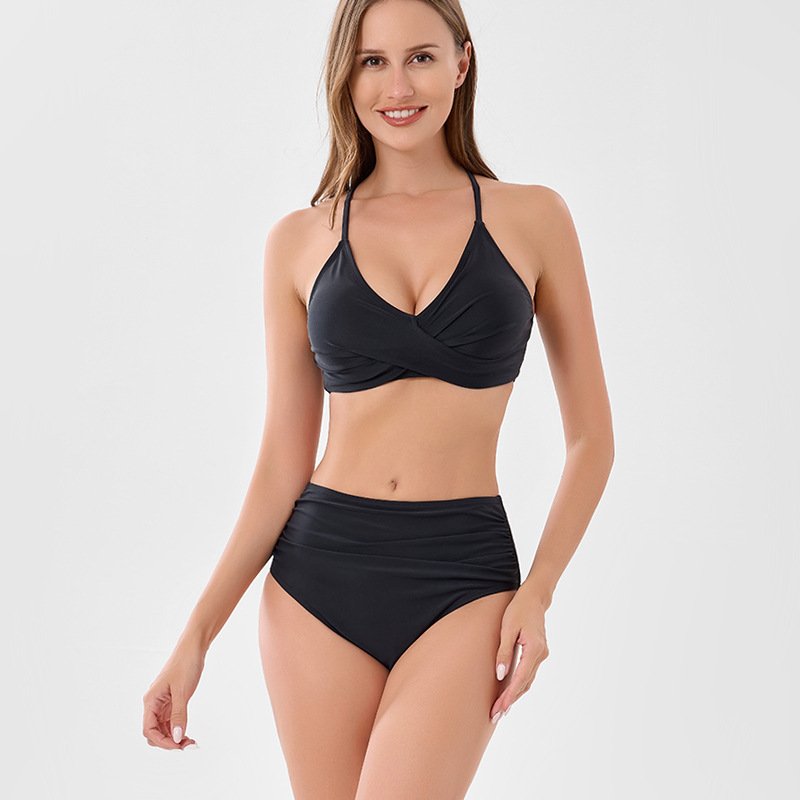 New Cross-Strap Plus Size Bikini – Solid Color Split Swimsuit