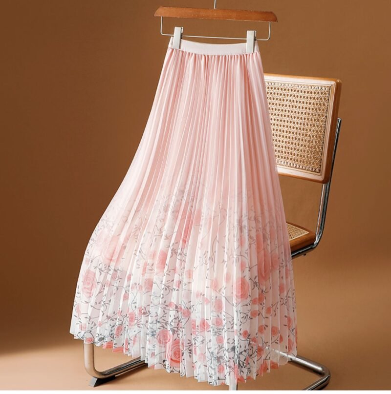 Elegant High Waist Loose A-Line Pleated Skirt – Printed Gauze Fabric
