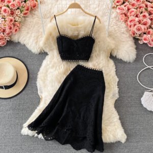 Summer Elegant Casual Fashion Skirt Top Suit | Hollow Out Sleeveless Tank for Women