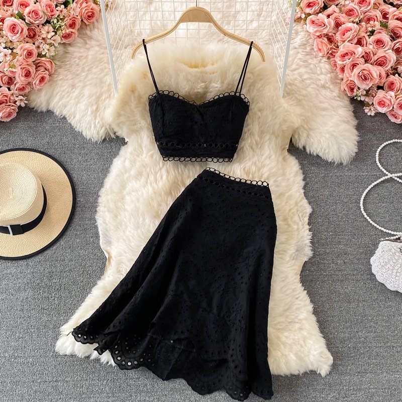 Summer Elegant Casual Fashion Skirt Top Suit | Hollow Out Sleeveless Tank for Women