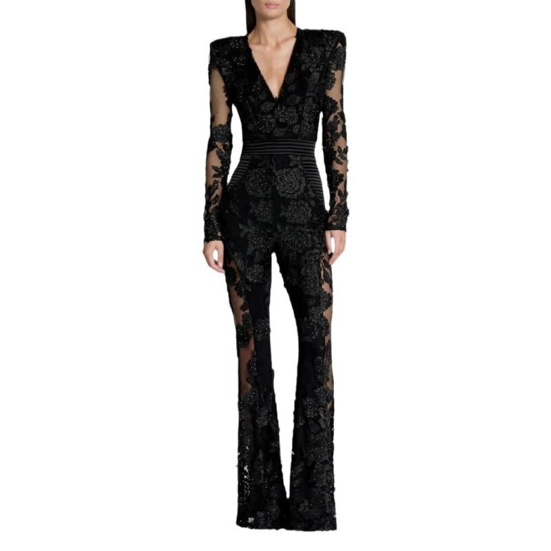 Elegant V-Neck Hot Lace Long Sleeve Evening Jumpsuit – Chic & Glamorous