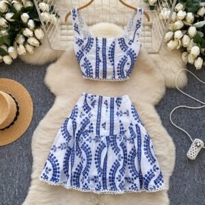 White Midi Dress Two-Piece Set | Women's Summer Crop Top & Skirt Suit