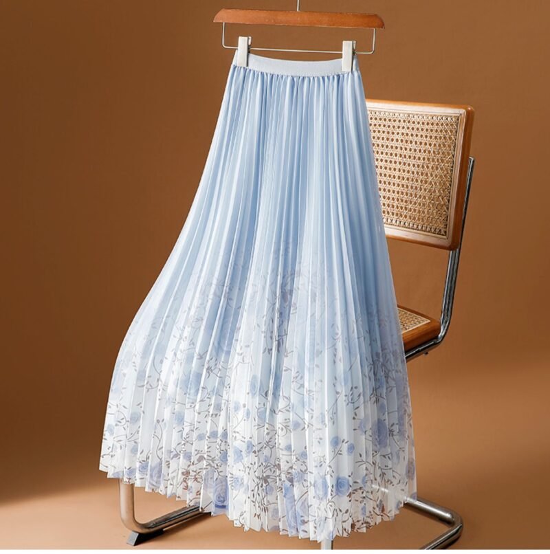 Elegant High Waist Loose A-Line Pleated Skirt – Printed Gauze Fabric