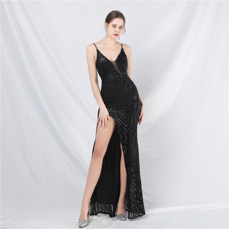 Crystal Beaded Navy Evening Dress | V-Neck Sequin Spaghetti Strap Prom Gown