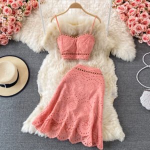 Summer Elegant Casual Fashion Skirt Top Suit | Hollow Out Sleeveless Tank for Women