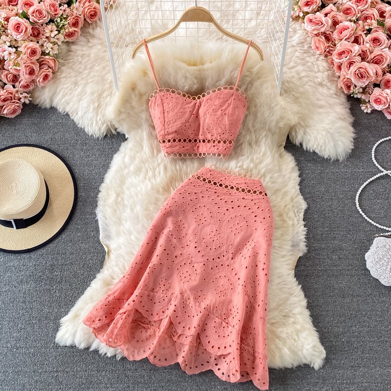 Summer Elegant Casual Fashion Skirt Top Suit | Hollow Out Sleeveless Tank for Women