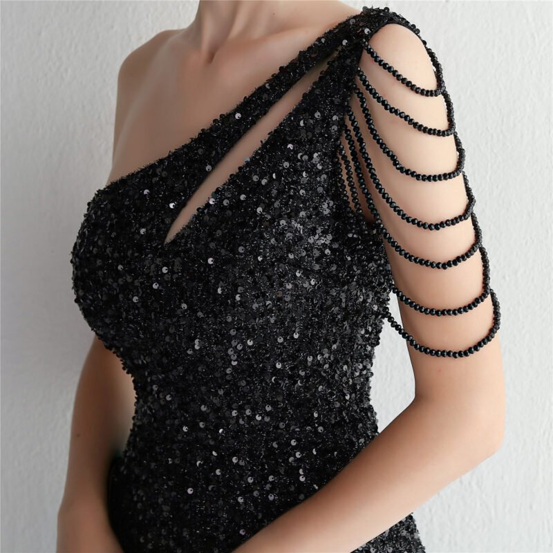 Sexy Black One-Shoulder Hollow Sequin Evening Party Dress – Sleeveless & Elegant