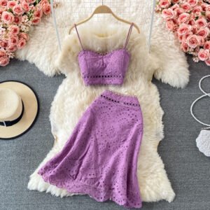 Summer Elegant Casual Fashion Skirt Top Suit | Hollow Out Sleeveless Tank for Women