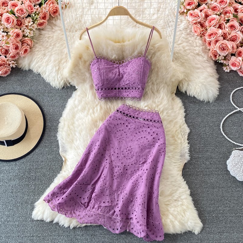 Summer Elegant Casual Fashion Skirt Top Suit | Hollow Out Sleeveless Tank for Women