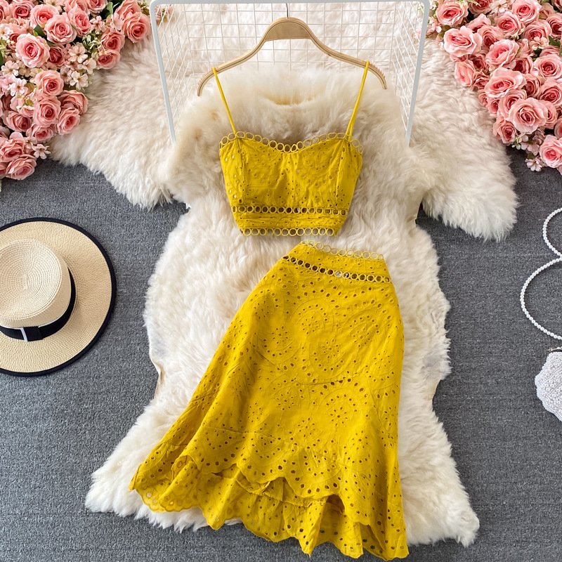 Summer Elegant Casual Fashion Skirt Top Suit | Hollow Out Sleeveless Tank for Women