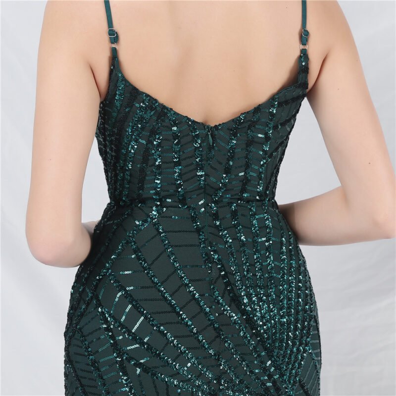 Crystal Beaded Navy Evening Dress | V-Neck Sequin Spaghetti Strap Prom Gown