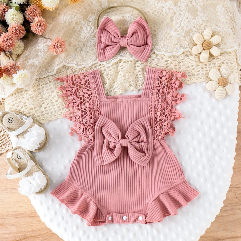 Infant Baby Girl Summer Romper with Lace Sleeves & Headband – 0-18M