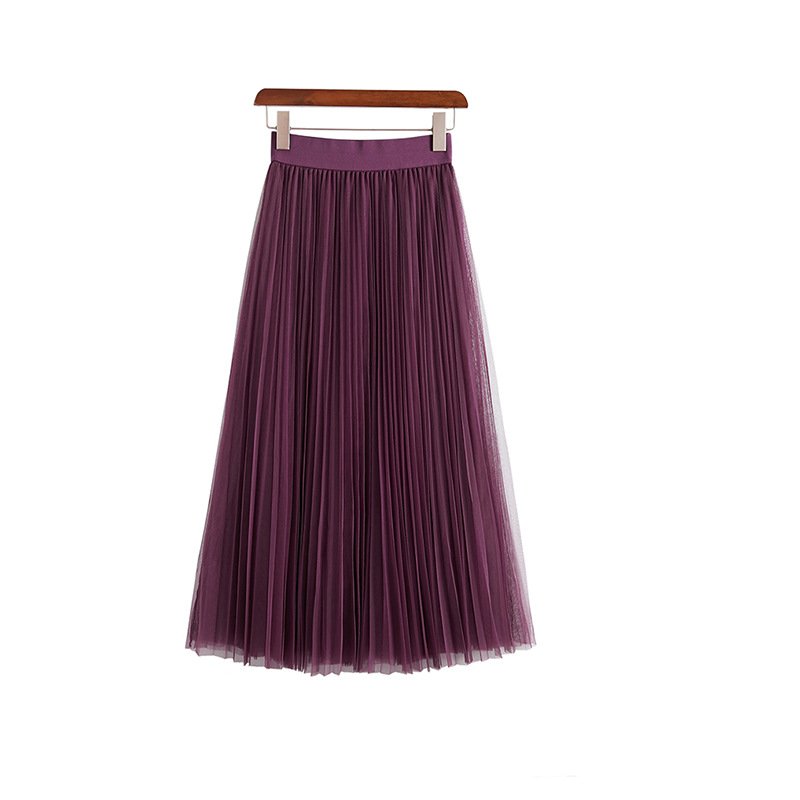 Classic High-Waisted Pleated Mesh Midi Skirt – Elegant & Casual