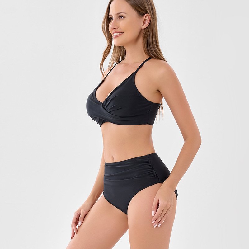 New Cross-Strap Plus Size Bikini – Solid Color Split Swimsuit