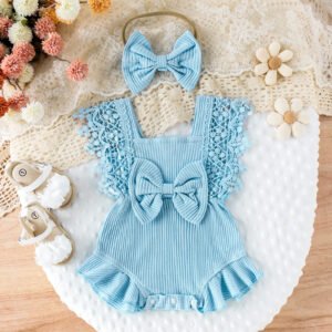 Infant Baby Girl Summer Romper with Lace Sleeves & Headband – 0-18M
