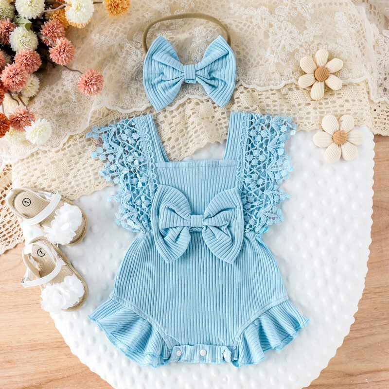 Infant Baby Girl Summer Romper with Lace Sleeves & Headband – 0-18M