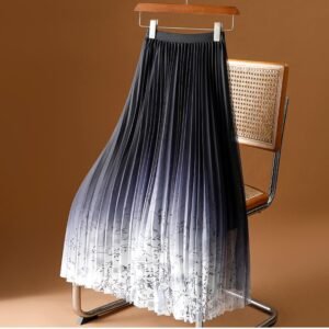 Elegant High Waist Loose A-Line Pleated Skirt – Printed Gauze Fabric