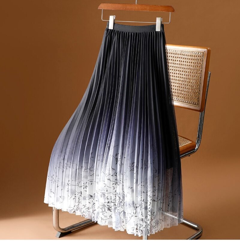 Elegant High Waist Loose A-Line Pleated Skirt – Printed Gauze Fabric