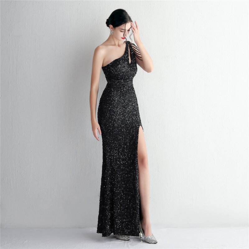 Sexy Black One-Shoulder Hollow Sequin Evening Party Dress – Sleeveless & Elegant