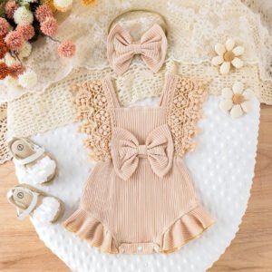 Infant Baby Girl Summer Romper with Lace Sleeves & Headband – 0-18M