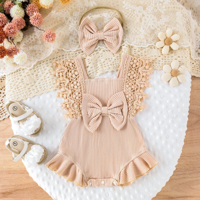 Infant Baby Girl Summer Romper with Lace Sleeves & Headband – 0-18M
