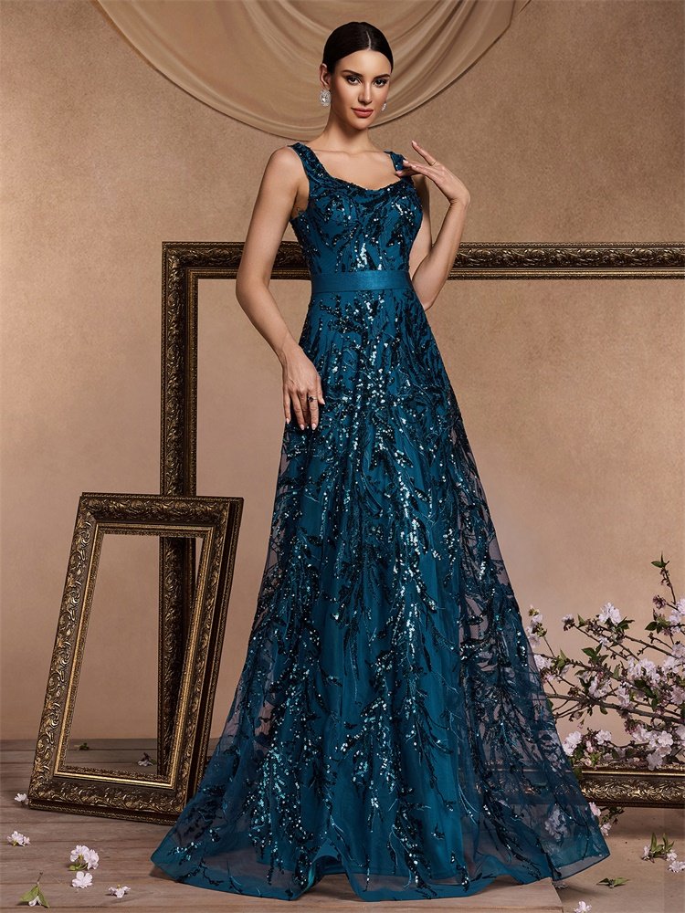 Luxury Square Collar Blue Sequins Evening Dress – Elegant V-Back Gown for Women
