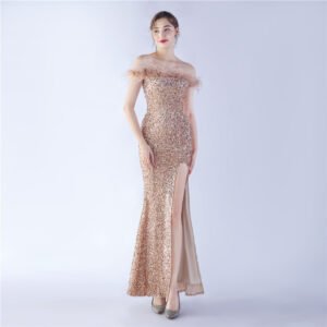 Elegant Evening Party Dress For New Year Luxury Women's Ball Gown Ostrich Feather Maxi Dresses