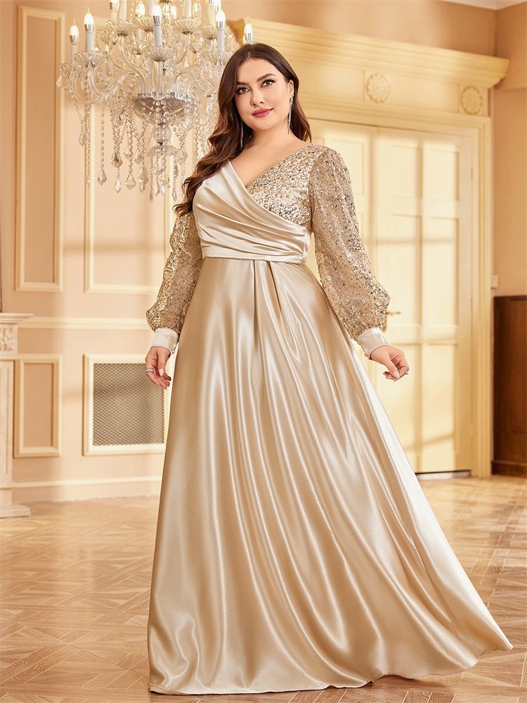Plus Size Gold V-Neck Sequin Evening Dress – Elegant Long Sleeve Maxi Gown for Parties & Prom