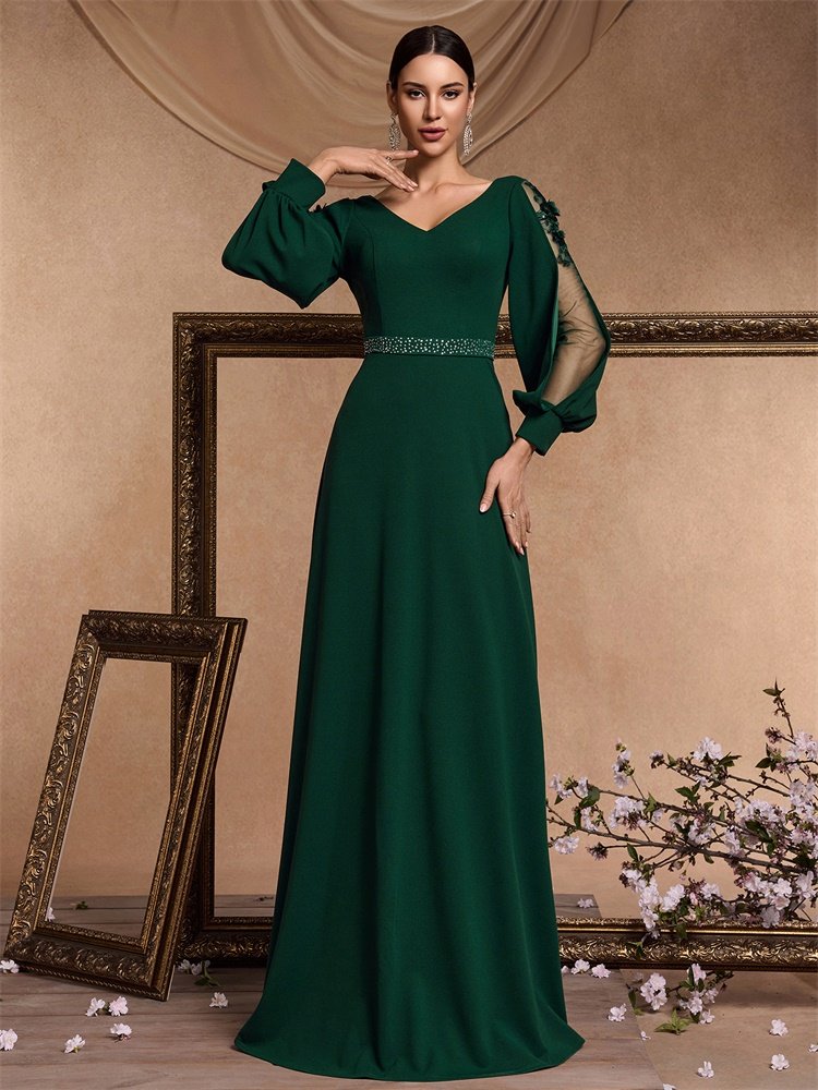 Luxury Long Sleeve Floor-Length Evening Dress – Elegant V-Neck Formal Gown for Prom & Parties