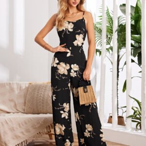 Summer Elegant Black Spaghetti Strap Overalls with Flower Print Jumpsuits for Women