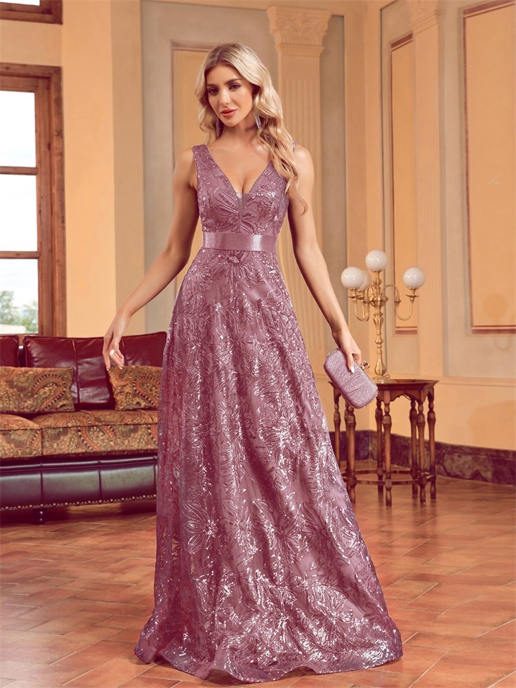 Sexy Deep V-Neck Sequin Evening Dress – Glamorous Formal Gown for Special Occasions