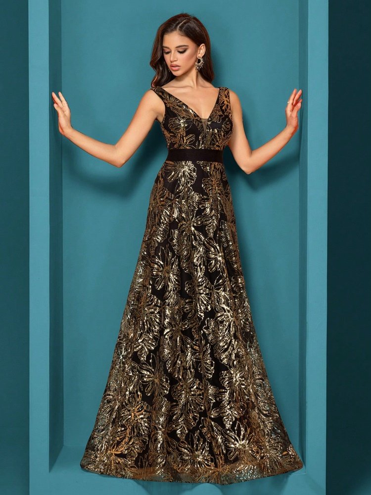 Sexy Deep V-Neck Sequin Evening Dress – Glamorous Formal Gown for Special Occasions