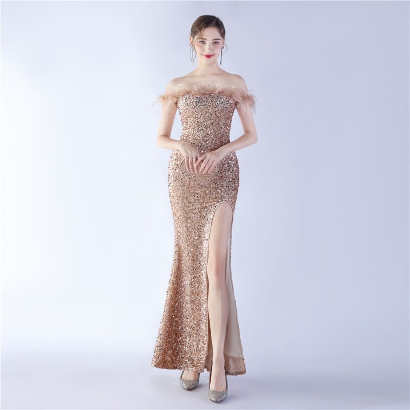 Elegant Evening Party Dress For New Year Luxury Women's Ball Gown Ostrich Feather Maxi Dresses