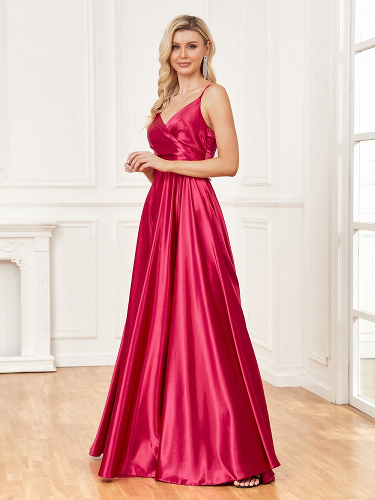 Luxury V-Neck Satin Sleeveless Blue Formal Evening Dress – Elegant & Sophisticated Gown